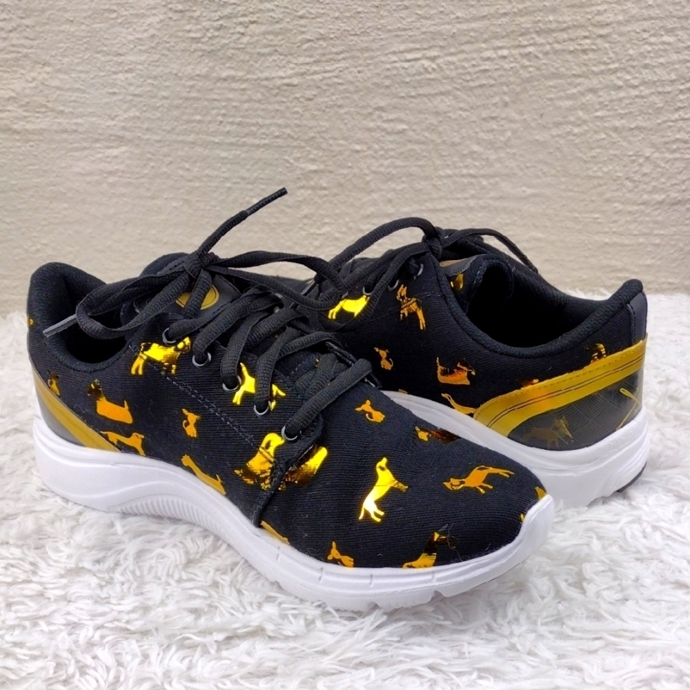 Inkkas FlexAires Black Gold Puppy DesignCanvas Round Toe Lace Up Sneaker Shoe